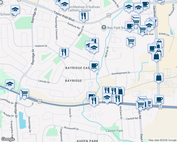 map of restaurants, bars, coffee shops, grocery stores, and more near 597 Truedell Road in Kingston