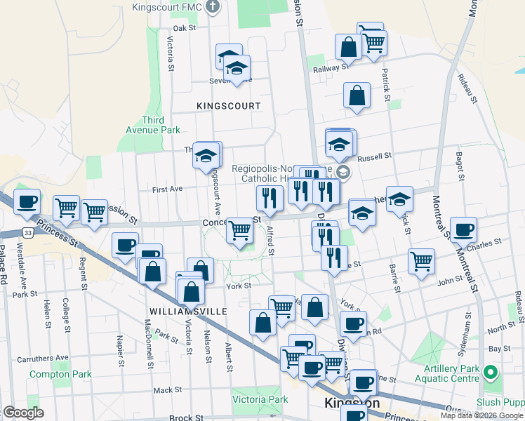 map of restaurants, bars, coffee shops, grocery stores, and more near 77 Concession Street in Kingston