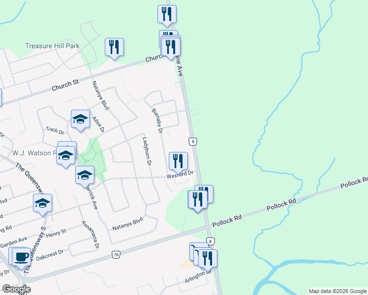 map of restaurants, bars, coffee shops, grocery stores, and more near 90 Wexford Drive in Georgina