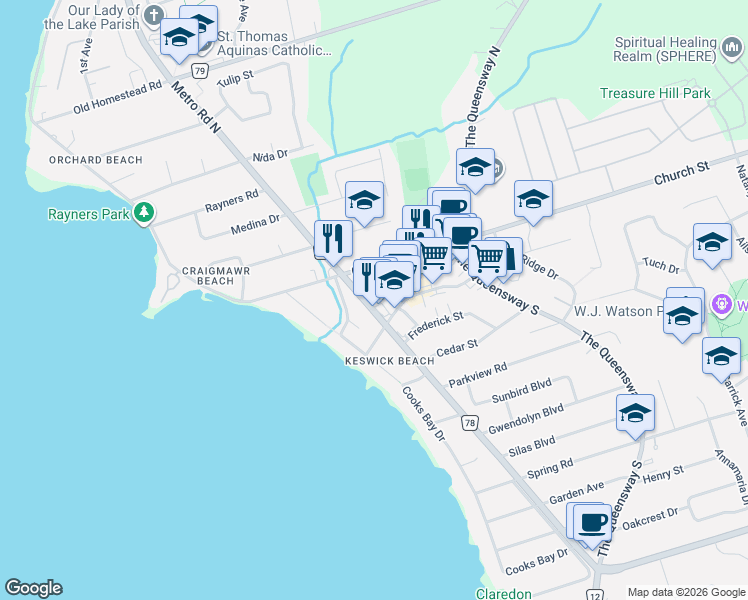map of restaurants, bars, coffee shops, grocery stores, and more near 21 Metro Road South in Georgina