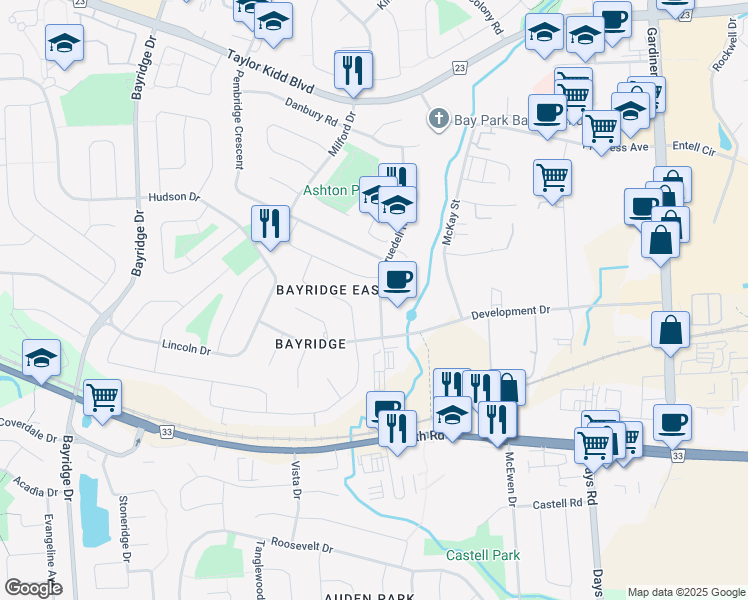 map of restaurants, bars, coffee shops, grocery stores, and more near 839 Kilburn Street in Kingston