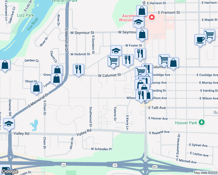 map of restaurants, bars, coffee shops, grocery stores, and more near 2124 Camelot Court in Appleton