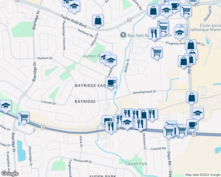 map of restaurants, bars, coffee shops, grocery stores, and more near 799 Arundel Place in Kingston