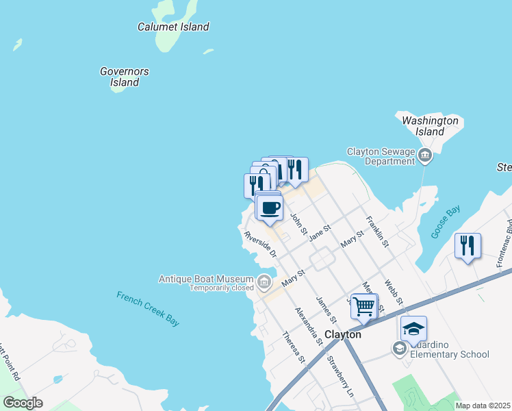 map of restaurants, bars, coffee shops, grocery stores, and more near 602 Riverside Drive in Clayton