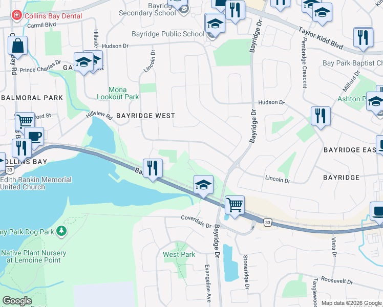 map of restaurants, bars, coffee shops, grocery stores, and more near 1097 Lincoln Drive in Kingston