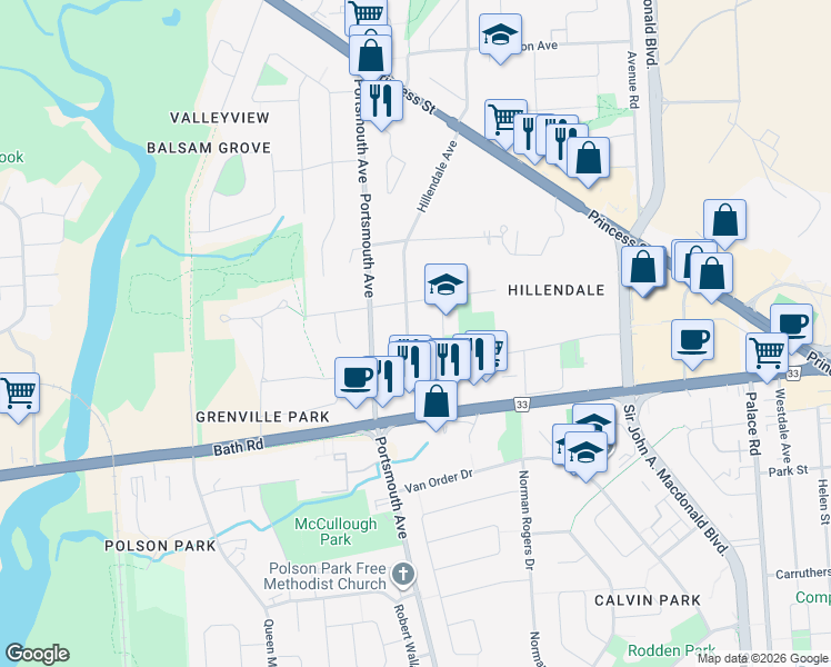 map of restaurants, bars, coffee shops, grocery stores, and more near 27 Hillendale Avenue in Kingston