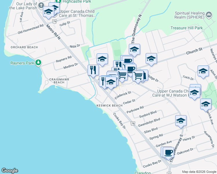 map of restaurants, bars, coffee shops, grocery stores, and more near 204 Simcoe Avenue in Georgina