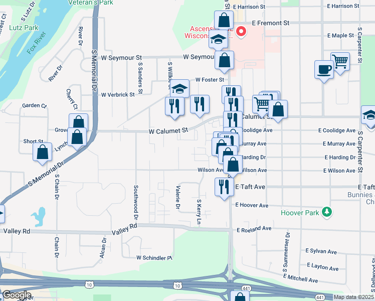 map of restaurants, bars, coffee shops, grocery stores, and more near 211 Winniebago Courts in Appleton