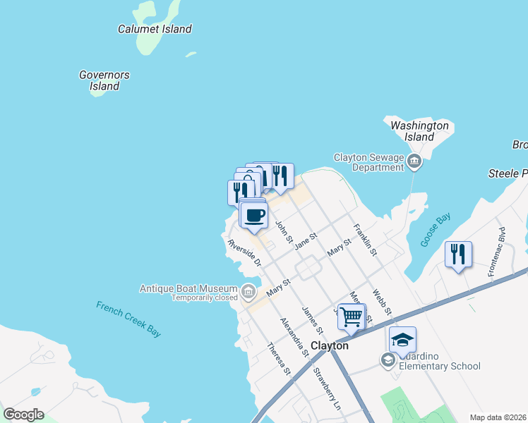 map of restaurants, bars, coffee shops, grocery stores, and more near 507 Riverside Drive in Clayton
