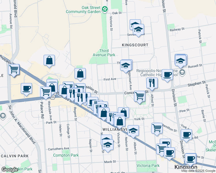 map of restaurants, bars, coffee shops, grocery stores, and more near in Kingston