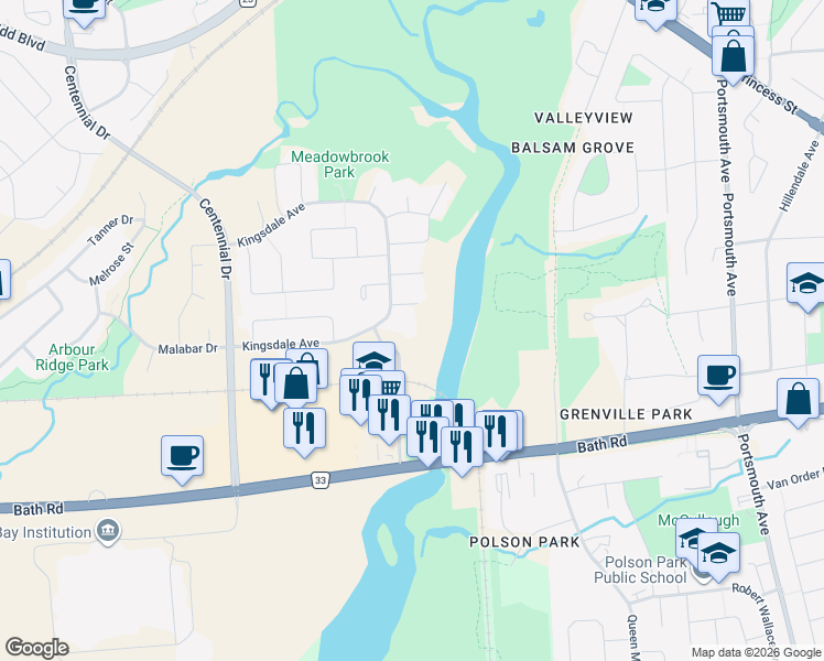 map of restaurants, bars, coffee shops, grocery stores, and more near 580 Armstrong Road in Kingston