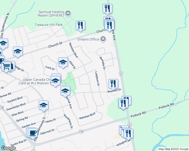 map of restaurants, bars, coffee shops, grocery stores, and more near 60 Ladyburn Drive in Georgina