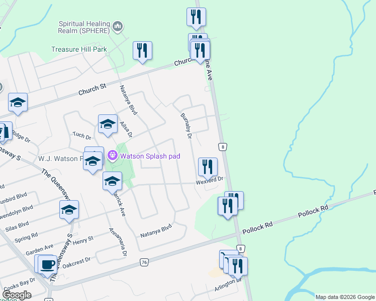 map of restaurants, bars, coffee shops, grocery stores, and more near 44 Burnaby Drive in Georgina