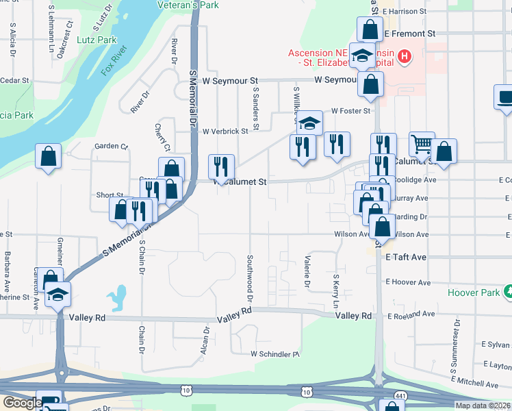 map of restaurants, bars, coffee shops, grocery stores, and more near 2112 Southwood Drive in Appleton