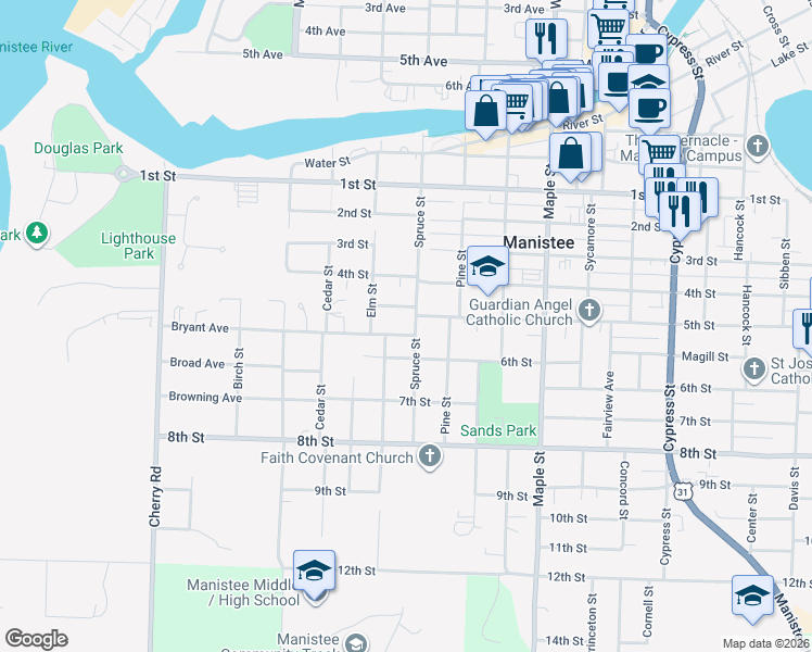 map of restaurants, bars, coffee shops, grocery stores, and more near 422 Spruce Street in Manistee