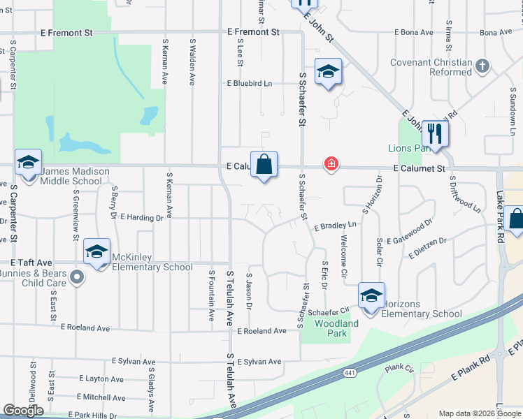 map of restaurants, bars, coffee shops, grocery stores, and more near 14 Eastwood Court in Appleton