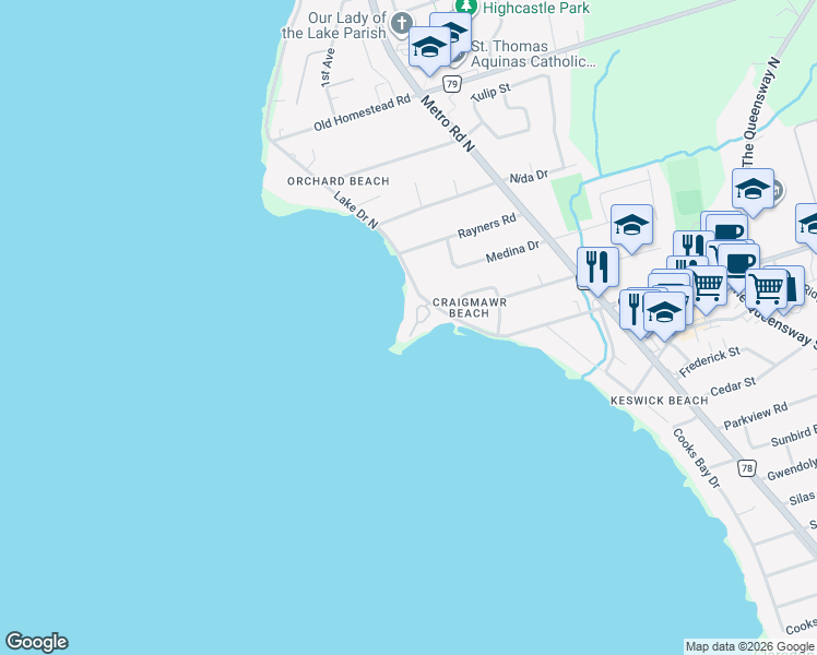 map of restaurants, bars, coffee shops, grocery stores, and more near 12 Davy Point Circle in Georgina