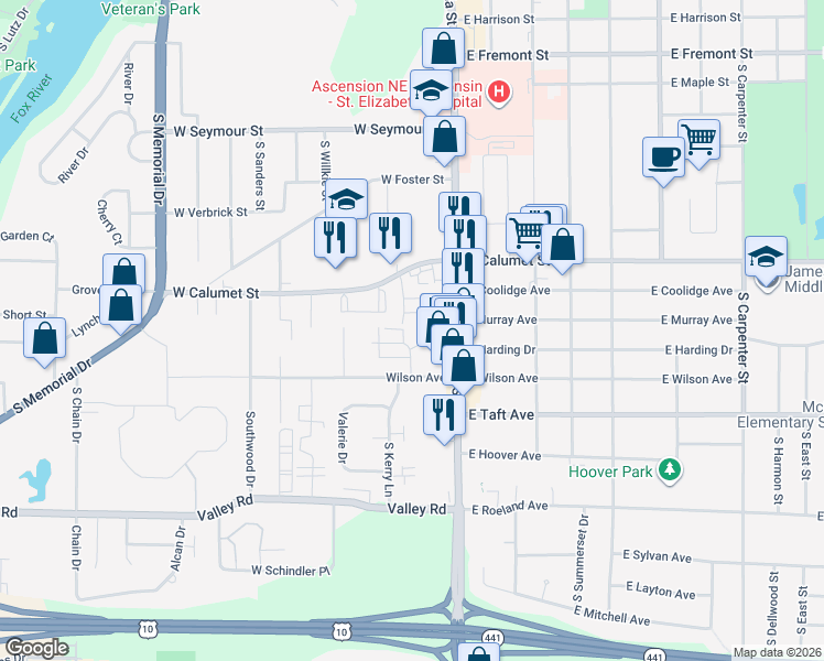 map of restaurants, bars, coffee shops, grocery stores, and more near 206 Royal Court in Appleton