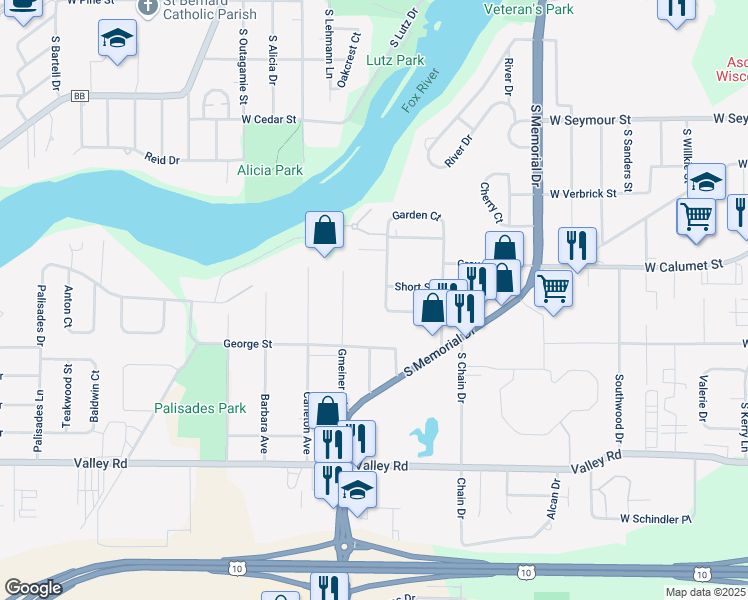 map of restaurants, bars, coffee shops, grocery stores, and more near 951 Short Street in Appleton