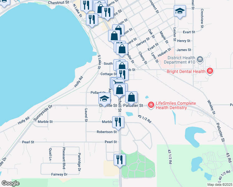 map of restaurants, bars, coffee shops, grocery stores, and more near 836-898 S Mitchell St in Cadillac