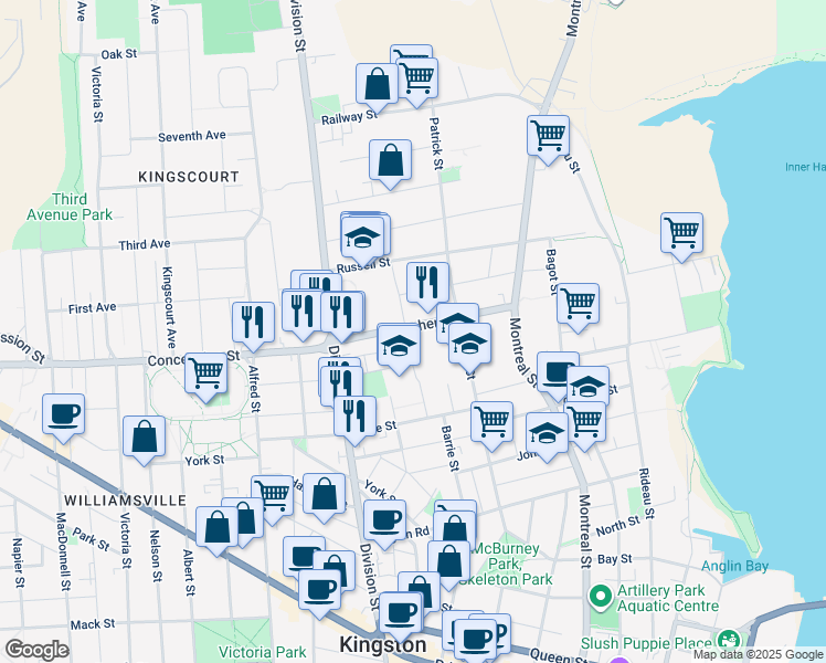 map of restaurants, bars, coffee shops, grocery stores, and more near 79 Cowdy Street in Kingston