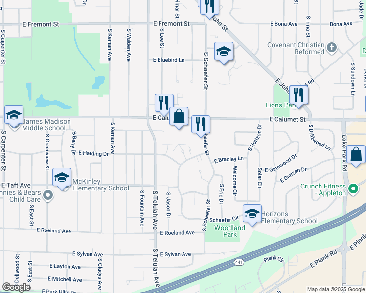 map of restaurants, bars, coffee shops, grocery stores, and more near 14 Eastwood Court in Appleton