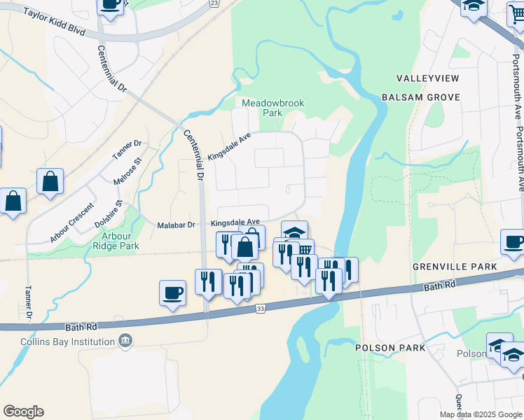 map of restaurants, bars, coffee shops, grocery stores, and more near in Kingston