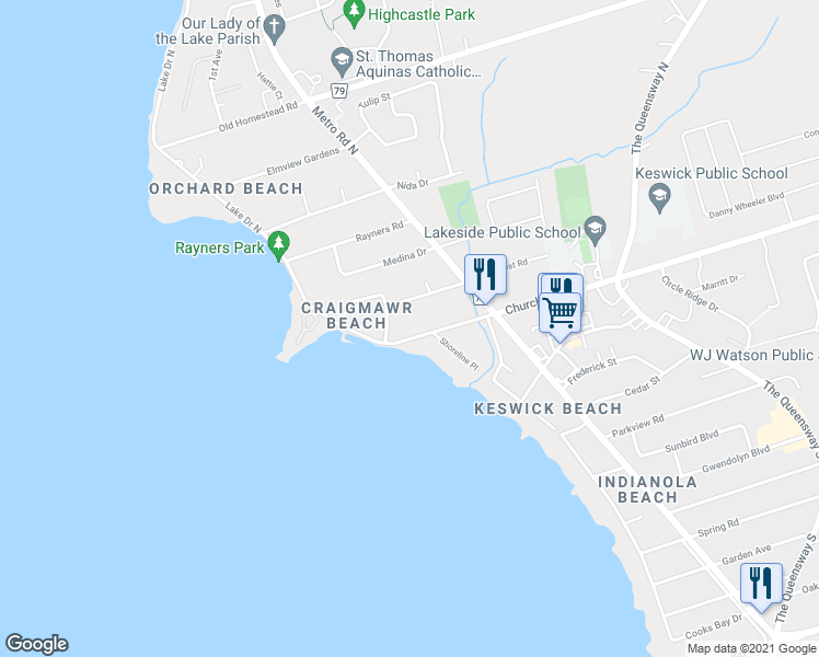 map of restaurants, bars, coffee shops, grocery stores, and more near 272 Church Street in Georgina