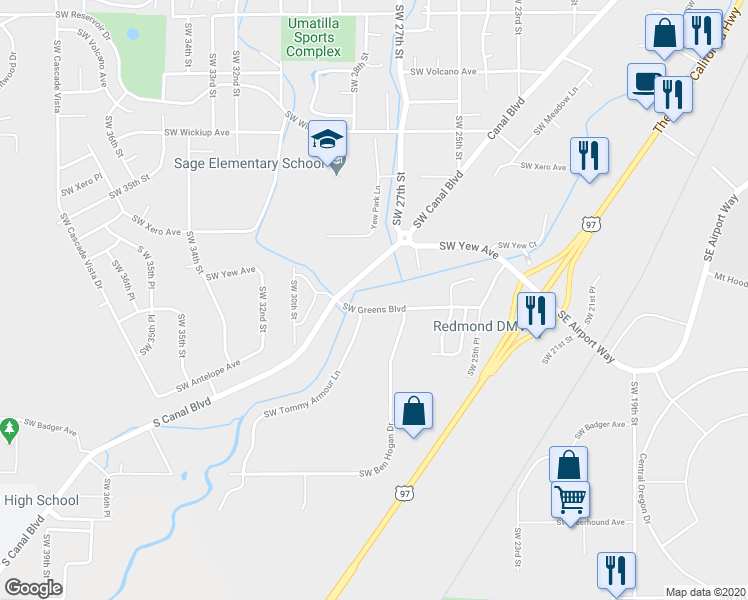 map of restaurants, bars, coffee shops, grocery stores, and more near 2755 Southwest Greens Boulevard in Redmond