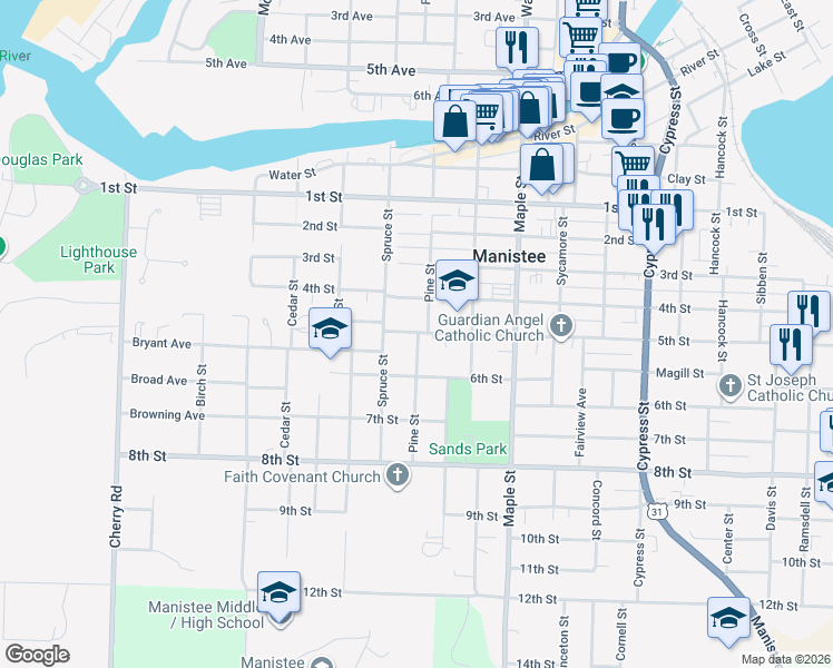map of restaurants, bars, coffee shops, grocery stores, and more near 460 5th Street in Manistee