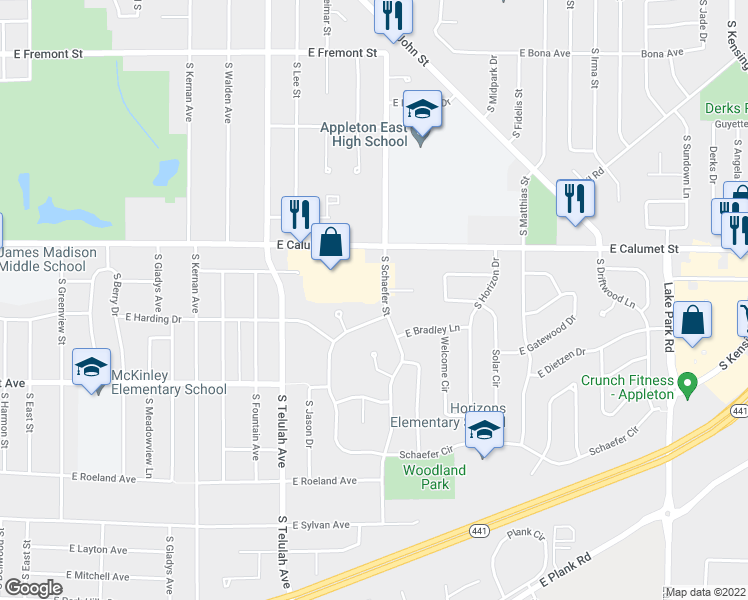 map of restaurants, bars, coffee shops, grocery stores, and more near 2125 South Schaefer Street in Appleton