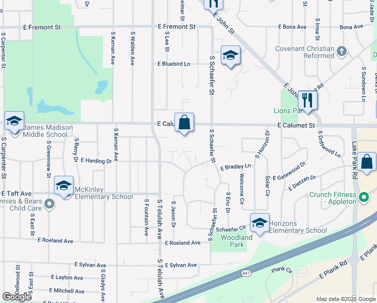 map of restaurants, bars, coffee shops, grocery stores, and more near 14 Eastwood Court in Appleton
