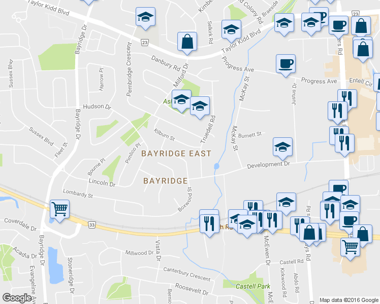 map of restaurants, bars, coffee shops, grocery stores, and more near 839 Kilburn Street in Kingston