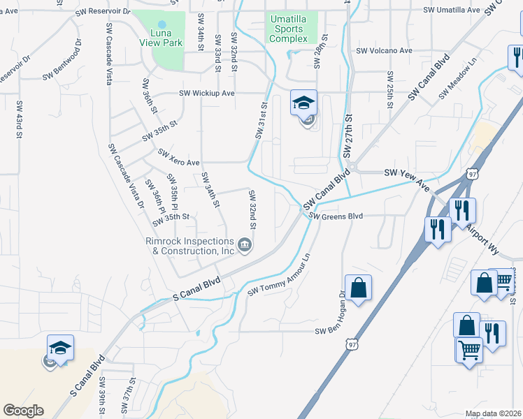 map of restaurants, bars, coffee shops, grocery stores, and more near 3592 Southwest 32nd Street in Redmond