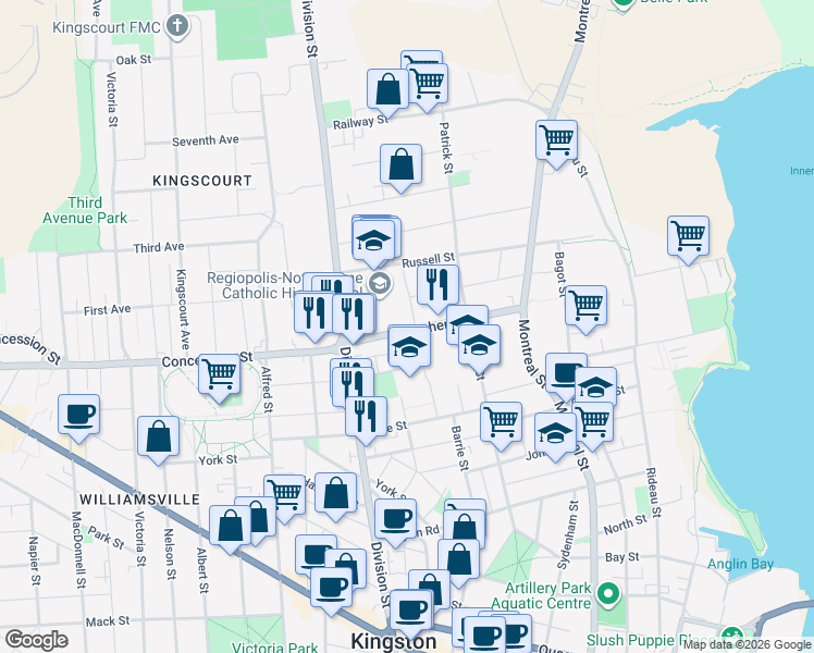 map of restaurants, bars, coffee shops, grocery stores, and more near 121 Stephen Street in Kingston