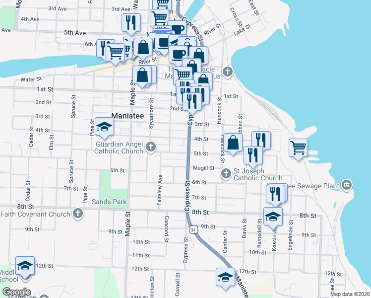 map of restaurants, bars, coffee shops, grocery stores, and more near 322 5th Street in Manistee