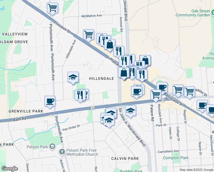 map of restaurants, bars, coffee shops, grocery stores, and more near 33 Elmwood Street in Kingston