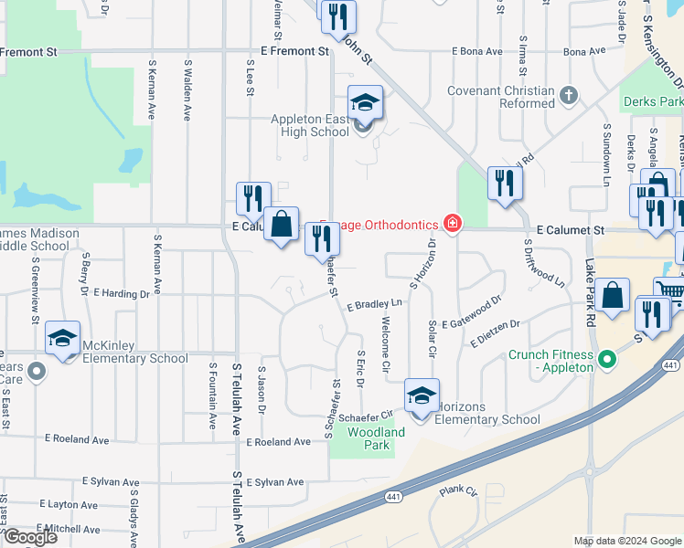 map of restaurants, bars, coffee shops, grocery stores, and more near 12 Easthaven Court in Appleton