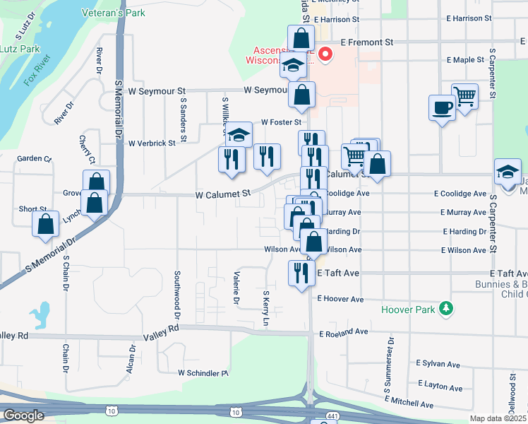 map of restaurants, bars, coffee shops, grocery stores, and more near 211 Winniebago Courts in Appleton