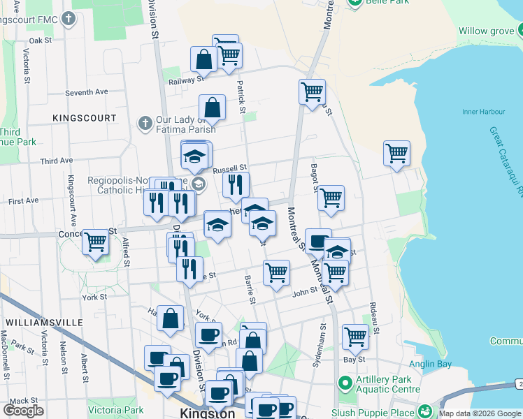 map of restaurants, bars, coffee shops, grocery stores, and more near 48 Stephen Street in Kingston