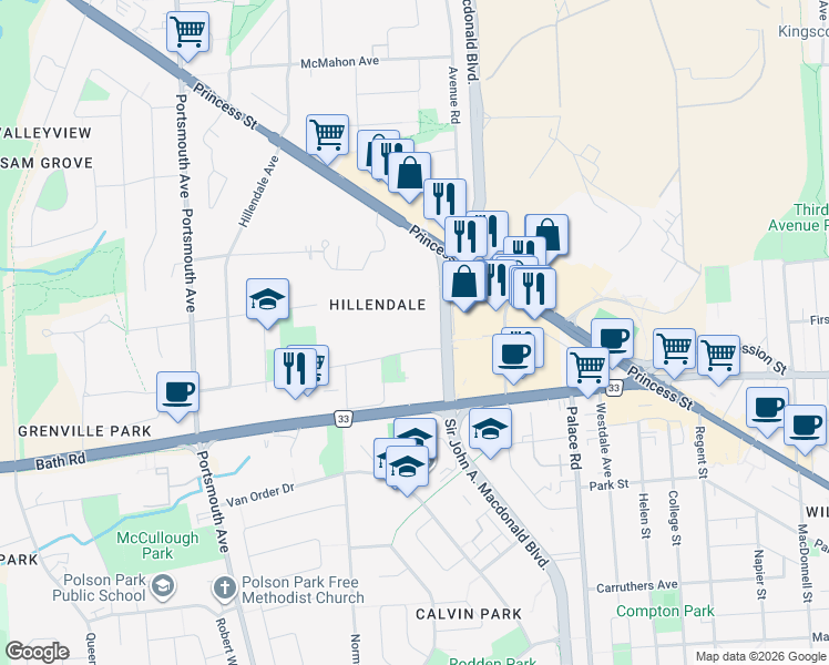 map of restaurants, bars, coffee shops, grocery stores, and more near 27 Elmwood Street in Kingston