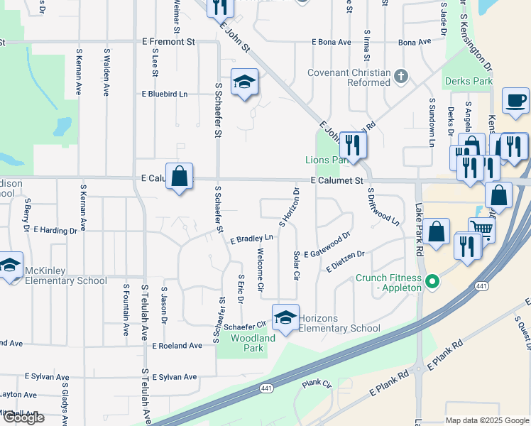 map of restaurants, bars, coffee shops, grocery stores, and more near 50 Regal Terrace in Appleton