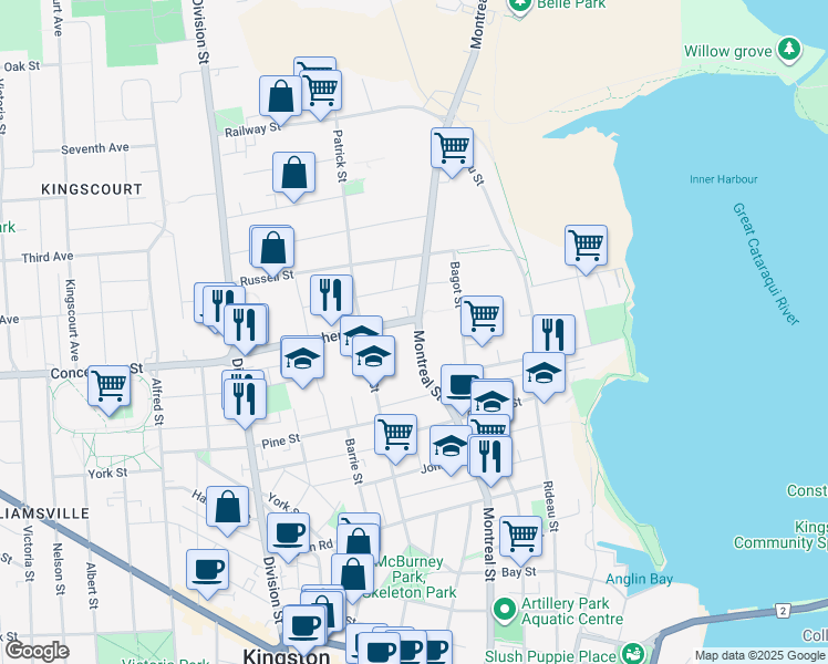 map of restaurants, bars, coffee shops, grocery stores, and more near in Kingston