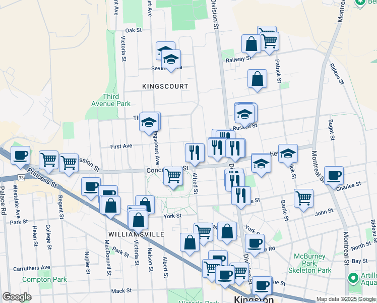 map of restaurants, bars, coffee shops, grocery stores, and more near 29 Grey Street in Kingston