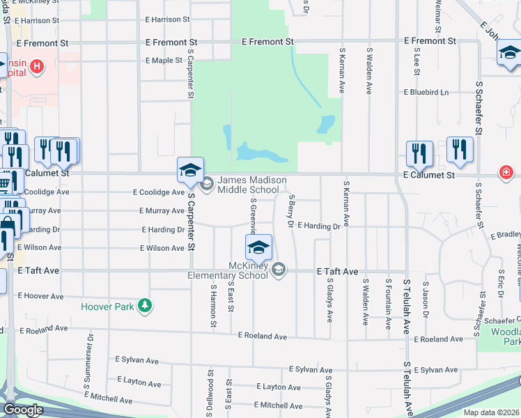 map of restaurants, bars, coffee shops, grocery stores, and more near 2124 South Greenview Street in Appleton