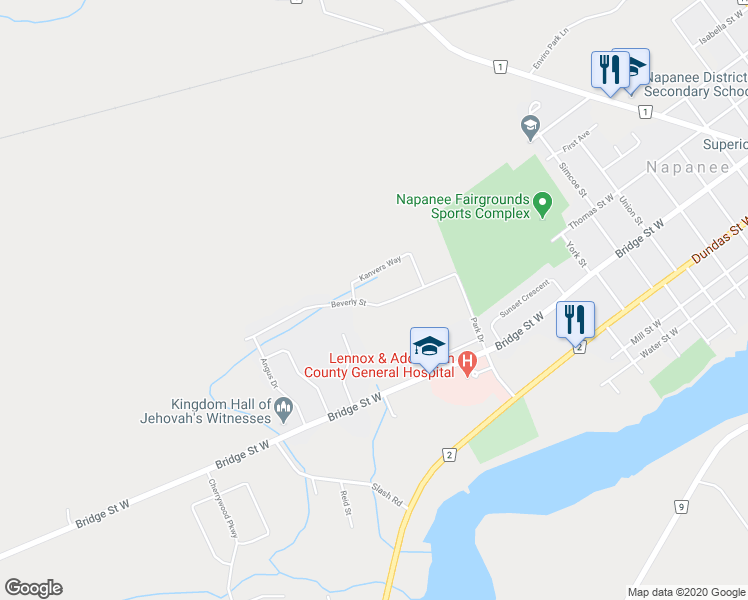 map of restaurants, bars, coffee shops, grocery stores, and more near 59 Beverly Street in Napanee