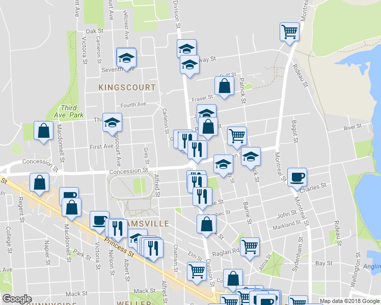 map of restaurants, bars, coffee shops, grocery stores, and more near 474 Division Street in Kingston