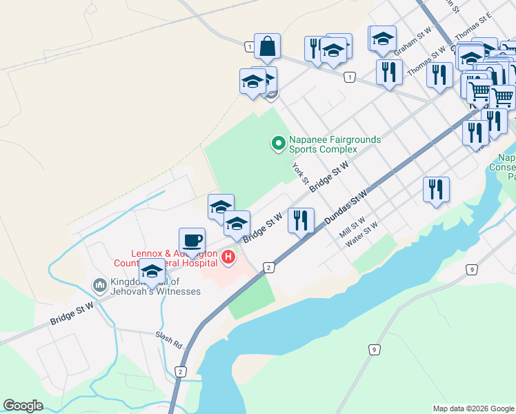 map of restaurants, bars, coffee shops, grocery stores, and more near 17 Sunset Crescent in Napanee