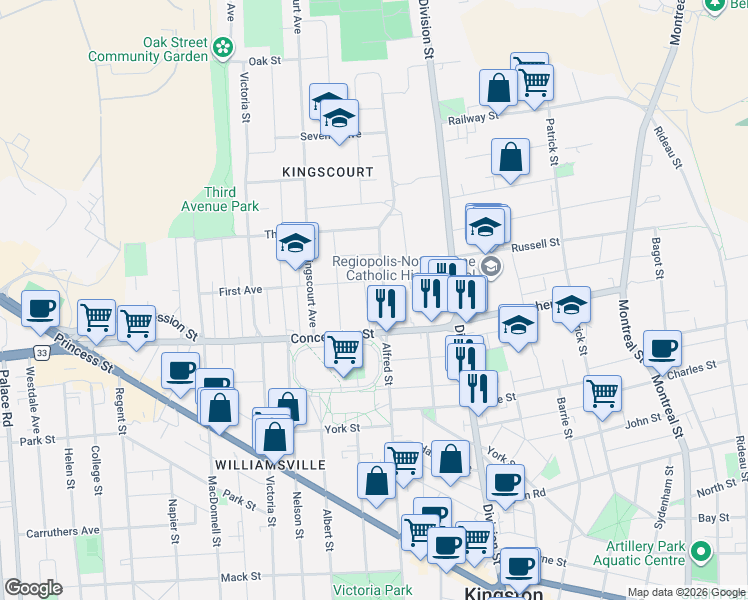 map of restaurants, bars, coffee shops, grocery stores, and more near 29 Grey Street in Kingston