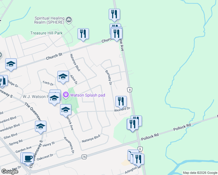 map of restaurants, bars, coffee shops, grocery stores, and more near 44 Burnaby Drive in Georgina